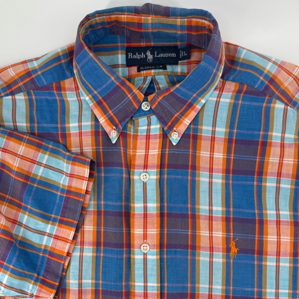 Ralph Lauren Classic Fit Short Sleeve Plaid Button Down Shirt Men L 10% Cotton